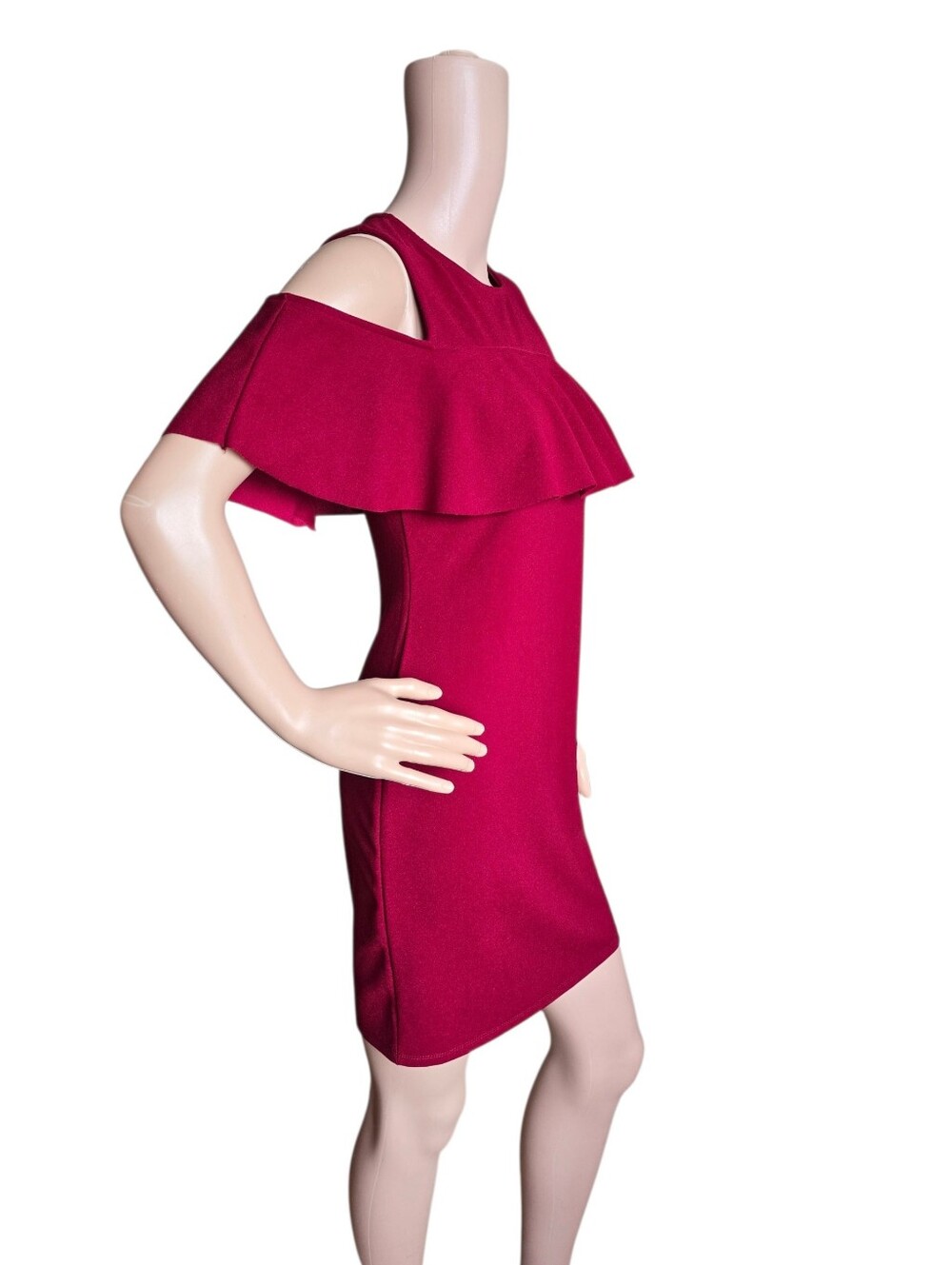 Cold-Shoulder Ruffle Sheath Dress in Deep Red - Picture 6 of 16